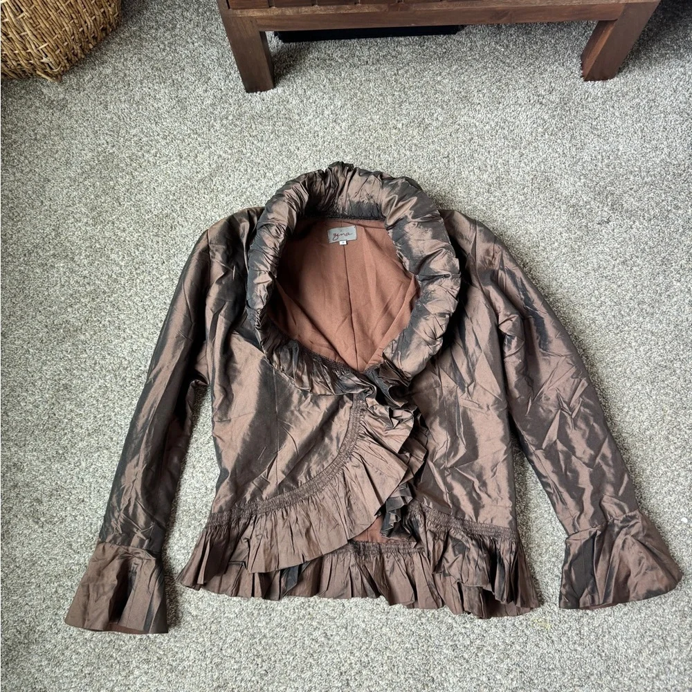 Zina Eva 100% Silk Vintage Brown Ruffle-Trim Jacket